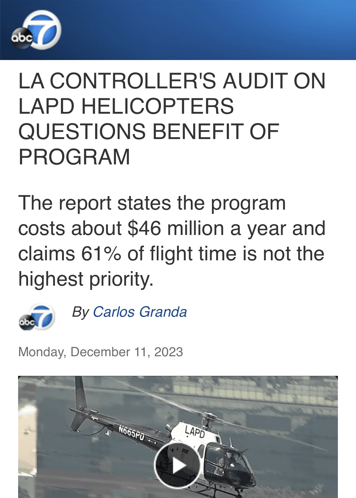 LA Controller's audit on LAPD helicopters questions benefit of program